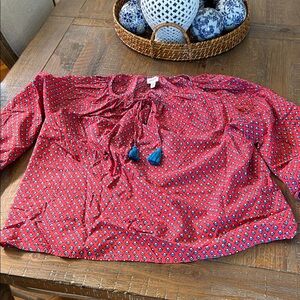 J. Crew Red Geometric Blouse with Tassels
